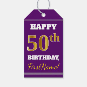 Purple, Faux Gold 50th Birthday + Custom Name Gift Tags