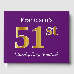 Purple, Faux Gold 51st Birthday Party; Custom Name Guest Book