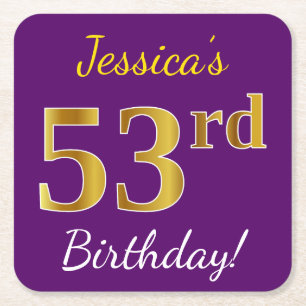 Purple, Faux Gold 53rd Birthday + Custom Name Square Paper Coaster