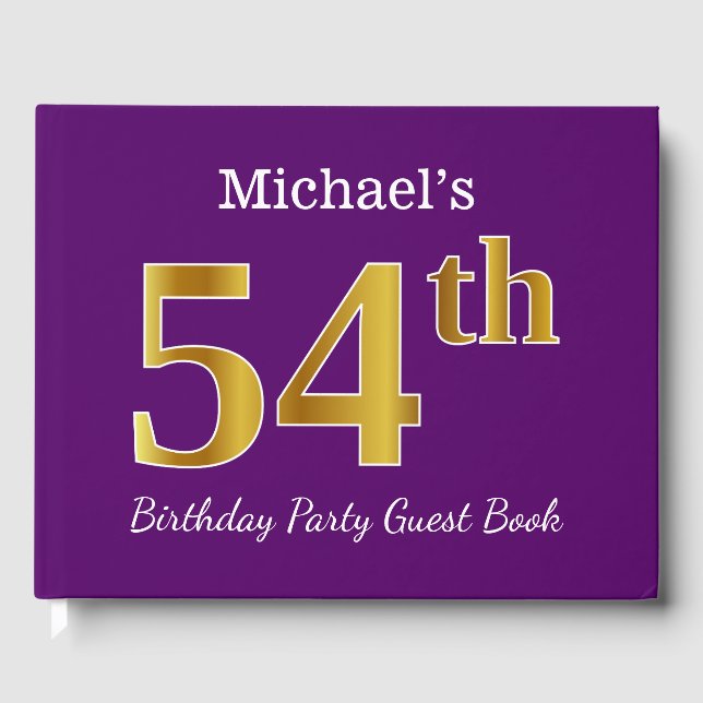 Purple, Faux Gold 54th Birthday Party; Custom Name Guest Book (Front)