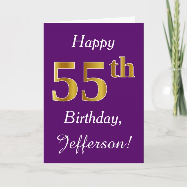 Purple, Faux Gold 55th Birthday + Custom Name Card (Front)