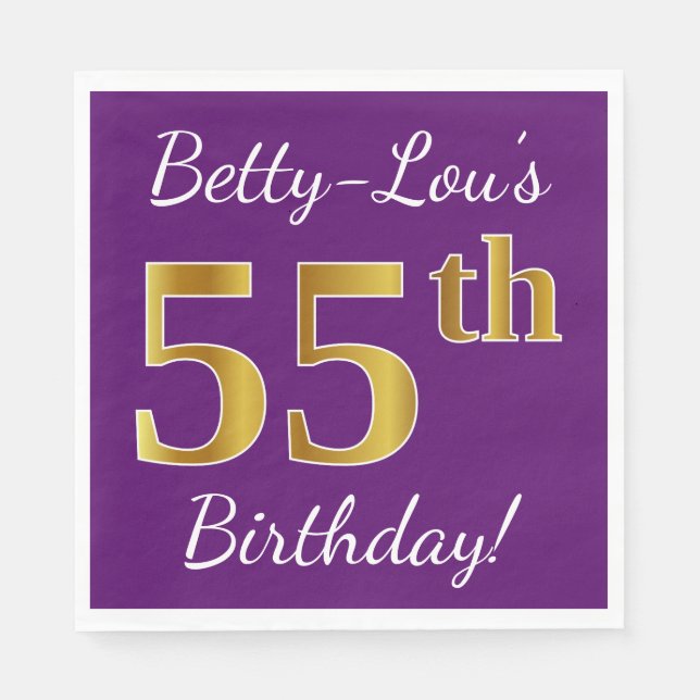 Purple, Faux Gold 55th Birthday + Custom Name Napkin (Front)