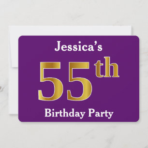 Purple, Faux Gold 55th Birthday Party; Custom Name Invitation