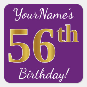 Purple, Faux Gold 56th Birthday + Custom Name Square Sticker