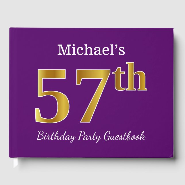Purple, Faux Gold 57th Birthday Party; Custom Name Guest Book (Front)