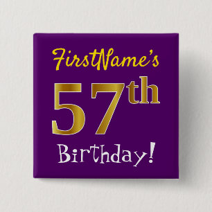 Purple, Faux Gold 57th Birthday, With Custom Name 15 Cm Square Badge