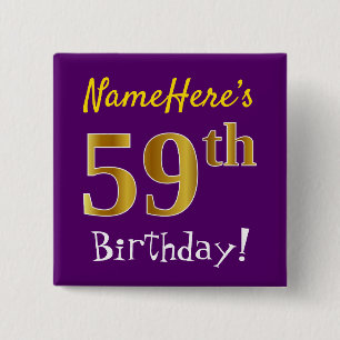 Purple, Faux Gold 59th Birthday, With Custom Name 15 Cm Square Badge