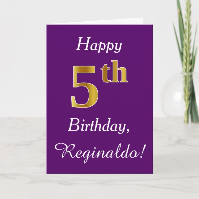Purple, Faux Gold 5th Birthday + Custom Name Card (Front)