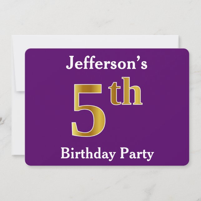 Purple, Faux Gold 5th Birthday Party + Custom Name Invitation (Front)