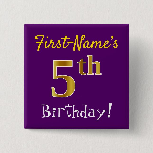 Purple, Faux Gold 5th Birthday, With Custom Name 15 Cm Square Badge (Front)