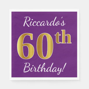 Purple, Faux Gold 60th Birthday + Custom Name Napkin
