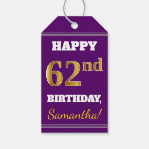 Purple, Faux Gold 62nd Birthday + Custom Name Gift Tags