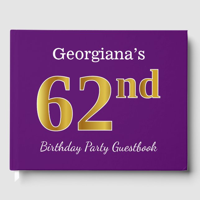 Purple, Faux Gold 62nd Birthday Party; Custom Name Guest Book (Front)