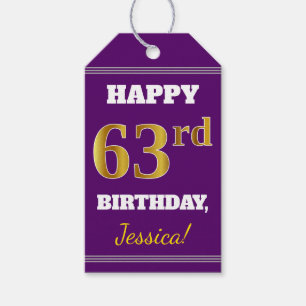 Purple, Faux Gold 63rd Birthday + Custom Name Gift Tags