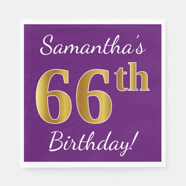 Purple, Faux Gold 66th Birthday + Custom Name Napkin (Front)