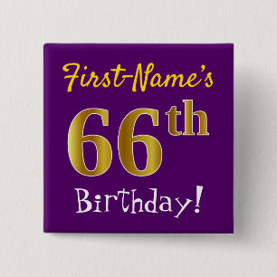 Purple, Faux Gold 66th Birthday, With Custom Name 15 Cm Square Badge