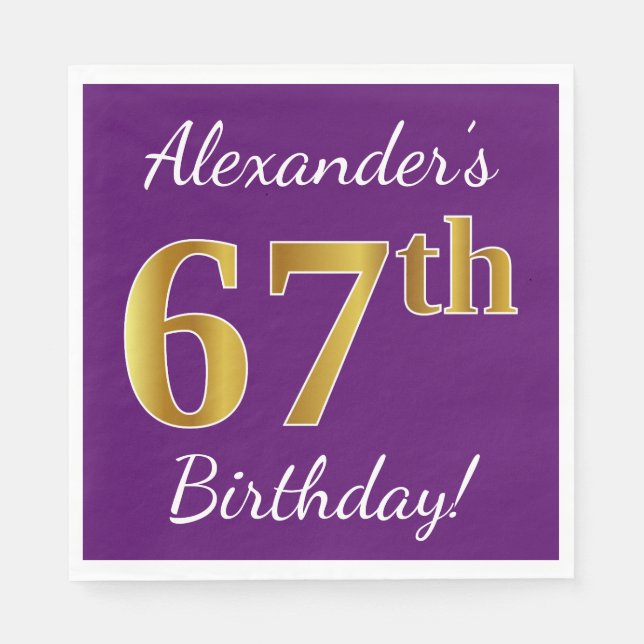 Purple, Faux Gold 67th Birthday + Custom Name Napkin (Front)