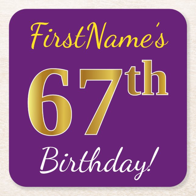 Purple, Faux Gold 67th Birthday + Custom Name Square Paper Coaster (Front)