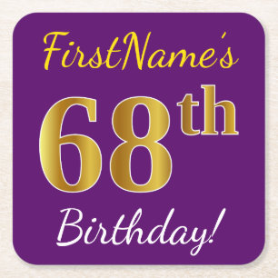 Purple, Faux Gold 68th Birthday + Custom Name Square Paper Coaster