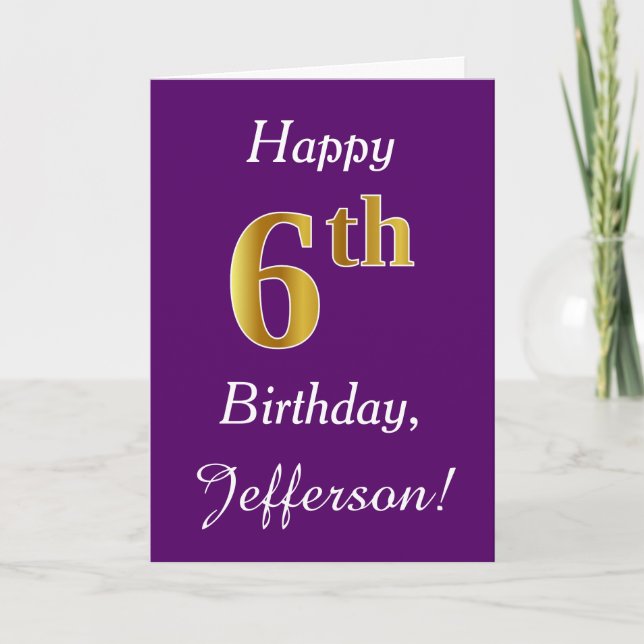 Purple, Faux Gold 6th Birthday + Custom Name Card (Front)