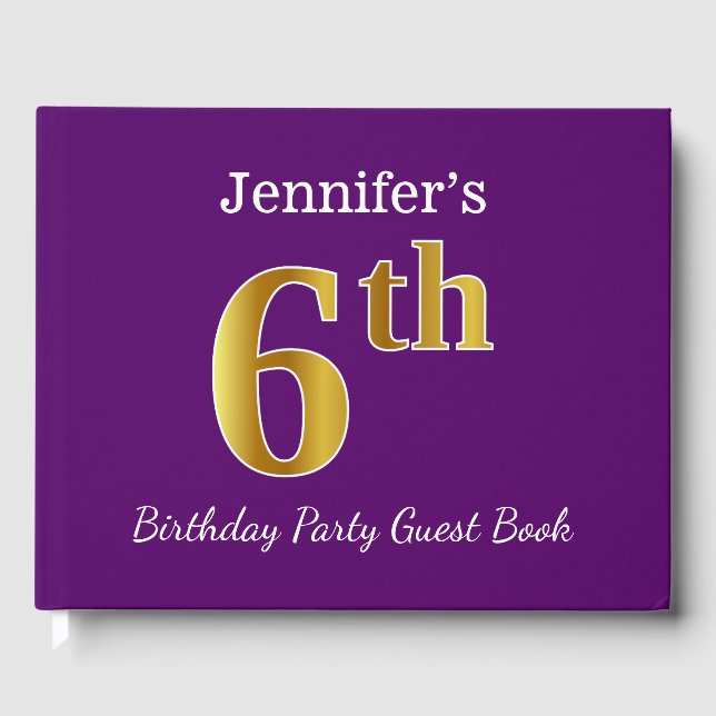 Purple, Faux Gold 6th Birthday Party + Custom Name Guest Book (Front)