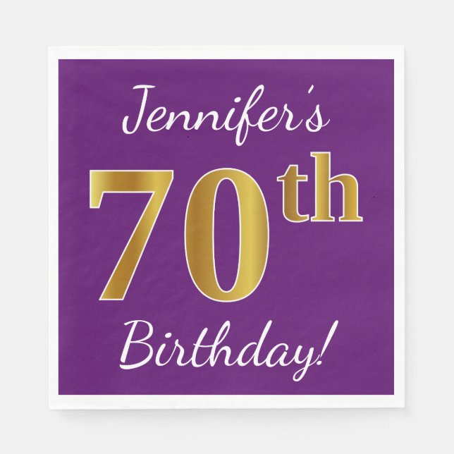 Purple, Faux Gold 70th Birthday + Custom Name Napkin (Front)