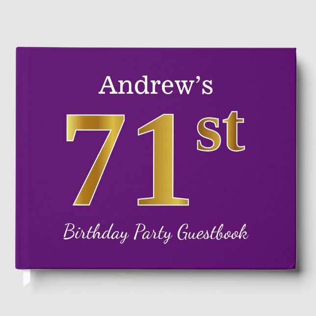 Purple, Faux Gold 71st Birthday Party; Custom Name Guest Book (Front)