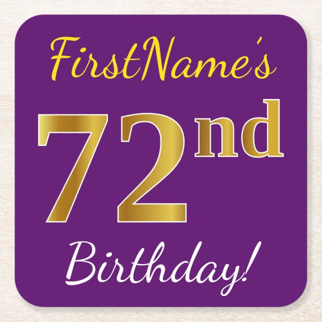 Purple, Faux Gold 72nd Birthday + Custom Name Square Paper Coaster (Front)