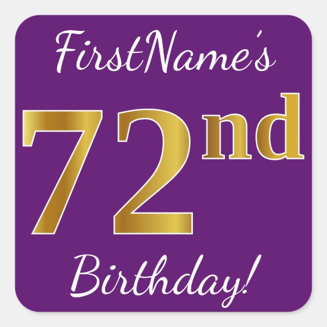Purple, Faux Gold 72nd Birthday + Custom Name Square Sticker (Front)