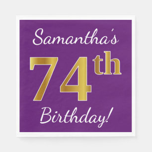 Purple, Faux Gold 74th Birthday + Custom Name Napkin