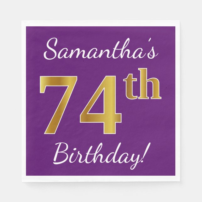 Purple, Faux Gold 74th Birthday + Custom Name Napkin (Front)