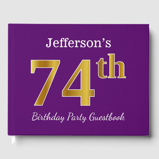 Purple, Faux Gold 74th Birthday Party; Custom Name Guest Book (Front)