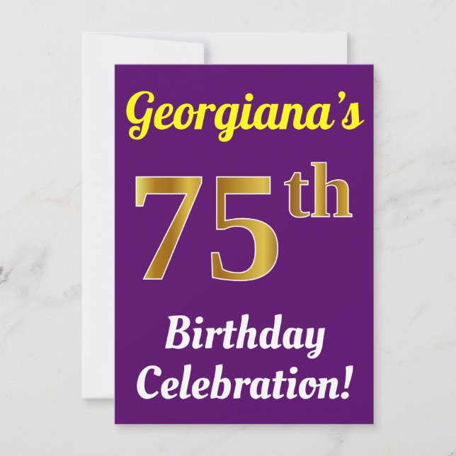 Purple, Faux Gold 75th Birthday Celebration + Name Invitation (Front)