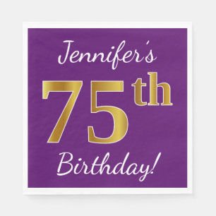 Purple, Faux Gold 75th Birthday + Custom Name Napkin
