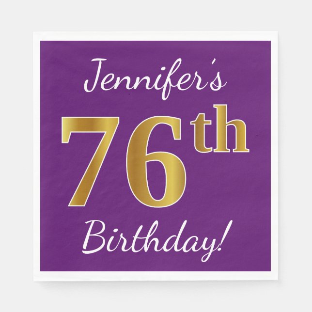 Purple, Faux Gold 76th Birthday + Custom Name Napkin (Front)
