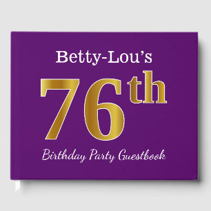 Purple, Faux Gold 76th Birthday Party; Custom Name Guest Book