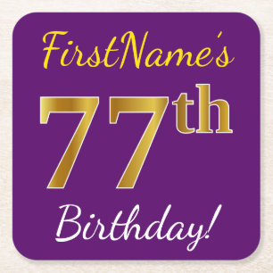 Purple, Faux Gold 77th Birthday + Custom Name Square Paper Coaster
