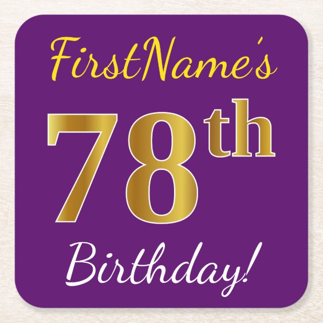 Purple, Faux Gold 78th Birthday + Custom Name Square Paper Coaster (Front)