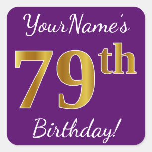 Purple, Faux Gold 79th Birthday + Custom Name Square Sticker