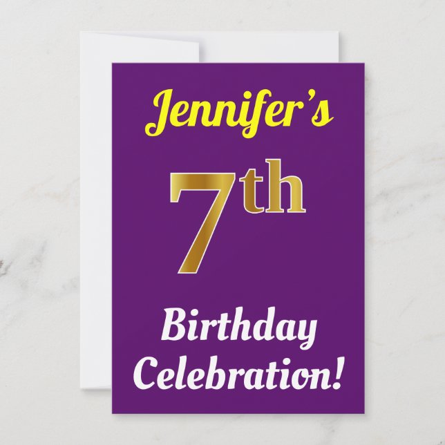 Purple, Faux Gold 7th Birthday Celebration + Name Invitation (Front)