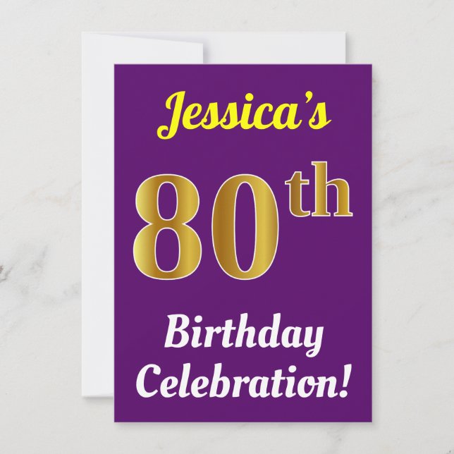 Purple, Faux Gold 80th Birthday Celebration + Name Invitation (Front)