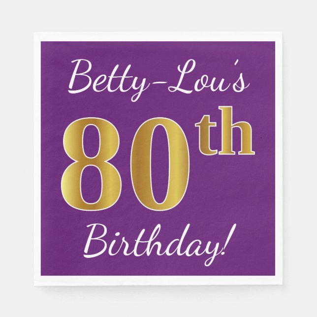 Purple, Faux Gold 80th Birthday + Custom Name Napkin (Front)