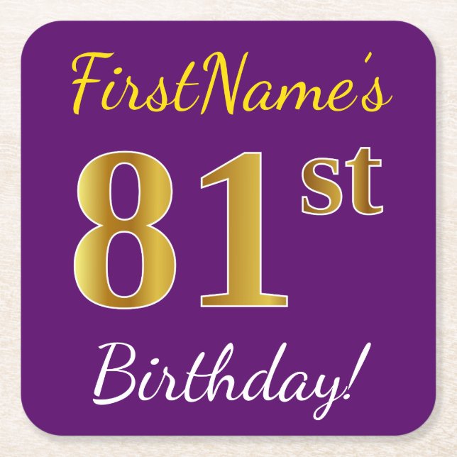 Purple, Faux Gold 81st Birthday + Custom Name Square Paper Coaster (Front)