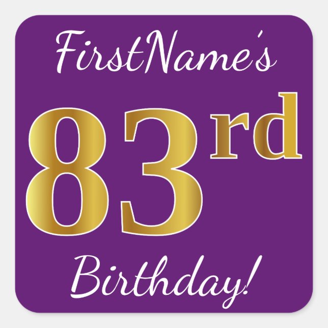 Purple, Faux Gold 83rd Birthday + Custom Name Square Sticker (Front)