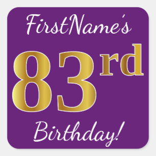 Purple, Faux Gold 83rd Birthday + Custom Name Square Sticker