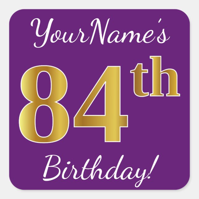 Purple, Faux Gold 84th Birthday + Custom Name Square Sticker (Front)