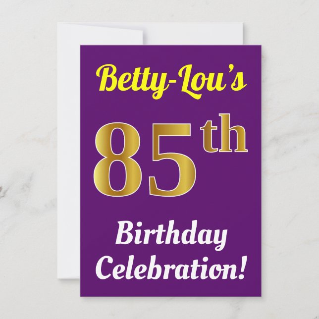 Purple, Faux Gold 85th Birthday Celebration + Name Invitation (Front)