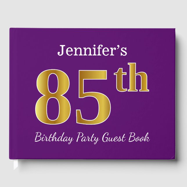 Purple, Faux Gold 85th Birthday Party; Custom Name Guest Book (Front)
