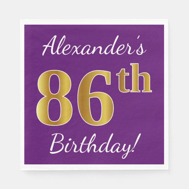 Purple, Faux Gold 86th Birthday + Custom Name Napkin (Front)