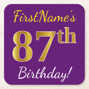 Purple, Faux Gold 87th Birthday + Custom Name Square Paper Coaster